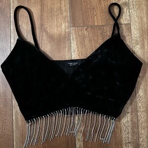 Black Velvet Crop Top with Silver Fringe